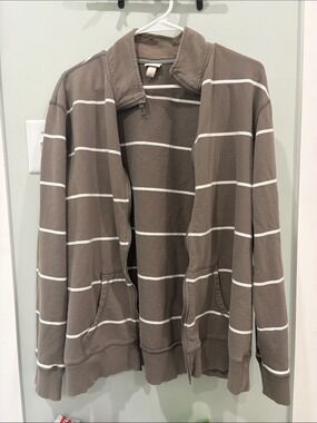 Men’s Large Taupe and White Striped Full-Zip Sweater Merona